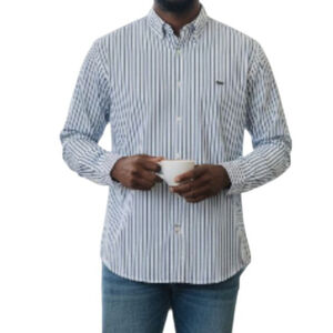 Lacoste Blue and White Striped Button-Down Dress Shirt